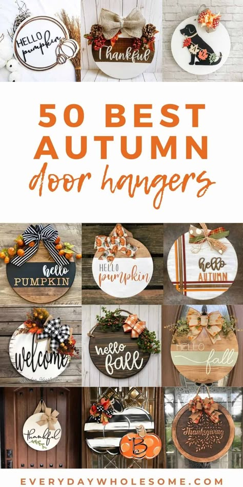 These are 50 Fall Door Hangers for Autumn Season to hang on your door like a wreath for Thanksgiving through Christmas season. Some of this door hanger ideas are wooden, round, pumpkin, wreaths, carved, or painted. Many have ribbons. Most are colored with orange, browns, white, reds and greens. Some are black & white. Some are neutral. Some could be an easy DIY or you can shop this post. #doorhanger #falldoorhanger #fallwreath #falldecor #fallhomedecor #diydoorhanger Door Hangers Fall, Round Door Signs, Round Door Hangers, Fall Cricut, Farmhouse Front Porch, Door Hangers Diy, Idee Cricut, Fall Craft Ideas, Door Hanger Ideas