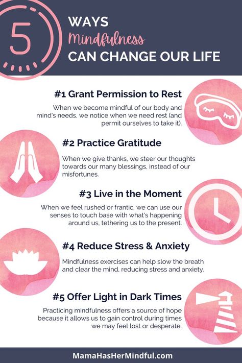 An infographic that is labeled 5 ways mindfulness can change our life. Then 5 images are shown next to five points that read as follows: 1. Grant permission to rest with a graphic of a sleep mask. 2. Practice gratitude with a graphic of two hands praying. 3. Live in the moment with a graphic of a clock face. 4. Reduce stress and anxiety with a graphic of a lotus flower. 5. Offer light in dark times with a graphic of a light house. Buddhism For Beginners, How To Start Meditating, Yoga Information, Distress Tolerance, Benefits Of Mindfulness, Practicing Mindfulness, Being Mindful, Practice Mindfulness, Mindfulness For Kids