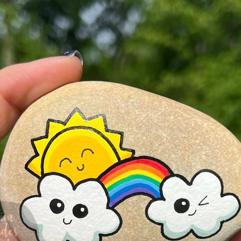 Kim | Rock Painting Tips & Encouragement on Instagram: "Posting this rainbow today because a friend and I may go to the Chicago Pride Fest! It's also supposed to be about eleven billionty degrees, so we'll see what happens 😆  Design from the book 365 Days of Kawaii Paint: @tooliartofficial paint pens" Kawaii Painted Rocks, Rainbow Rock Painting, Pride Rocks, Chicago Pride, Instagram Posting, Story Stones, Rainbow Rocks, Pride Rock, Painted Clay Pots