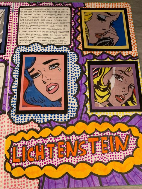 Pop Art Sketchbook Page, Pop Art Title Page Gcse, Roy Lichtenstein Artist Research Page, Pop Art Research Page, Roy Litchenstein, Hsc Art, Andy Warhol Artwork, Layers Art, Artist Research Page