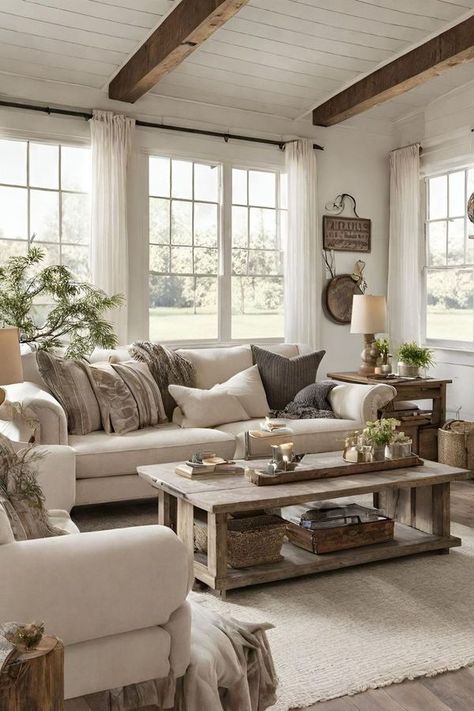 Small Modern Rustic Living Room Ideas, Earthy Farmhouse Living Room, Modern Cottage Interior Living Room, House Color Schemes Interior, Joanne Gaines, Warm Farmhouse, Traditional Sofas, Modern Rustic Living Room, Rustic Farmhouse Living Room