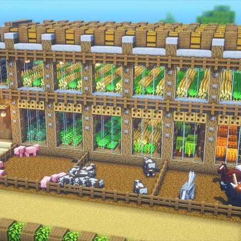 This is a big upgrade for your green house! You aren’t only an expert architect but also a talented farmer. So, you want to expand your farm capacity with more wheat, carrots, potatoes, pumpkins, melons, and even sweet berries, don’t you? Let's improve it! You can hold the previous design for frames, the dark oak wood blocks are a really suitable choice for it. And the wall is made of glass blocks that can’t be changed. Minecraft Green House Ideas, Minecraft Green House, Green House Ideas, Minecraft Wall Designs, Minecraft Greenhouse, Carrot Farm, Glass Wall Design, Minecraft House Ideas, Minecraft Garden