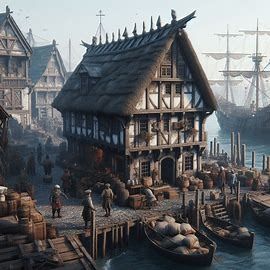 Small medieval inn in a port city - Image Creator from Microsoft Designer Medieval Port City, Medieval Fishing Village, Medieval Inn, Medieval Port, Rpg Maps, Port City, Building Structure, Fishing Villages, Nautilus