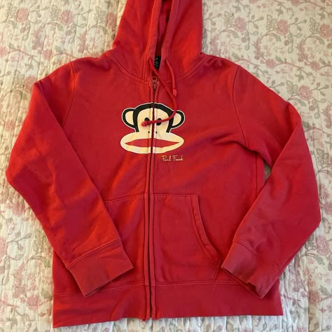 Red Hoodie Outfit, Paul Frank Monkey, 2000s Hoodie, Thrift Ideas, 2000s Clothing, Silly Clothes, 2000s Clothes, Paul Frank, Vintage Hoodies