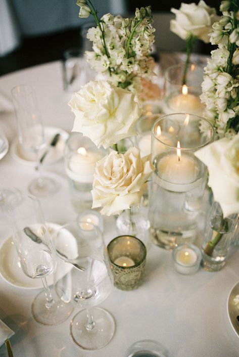 Romantic elegant and simple wedding centerpiece designs combining candles and bud vases with light touches of gold.  Wedding day design @swidrakco Candles And Bud Vases, Bud Vase Centerpieces, Bud Vase Centerpiece, Sage Flowers, Willow And Sage, Simple Wedding Centerpieces, Vase With Lights, Vase Centerpieces, Wedding Centerpiece