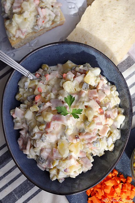 This Russian salad is a very popular recipe in Bulgaria and Eastern Europe. It is also called Olivier salad. I know how to prepare it ever since I was a child and I’ve been making it my entire life. Bulgarians make it yearlong for birthday parties and family gatherings. It is always on our Christmas or New Year’s menu. #salad #ham #potaoes #mayonnaise #glutenfree #dairyfree Salad With Ham, Olivier Salad, Russian Salad, Boiled Potatoes, Popular Recipes, Eastern Europe, Family Gatherings, Mayonnaise, Gluten Free Recipes