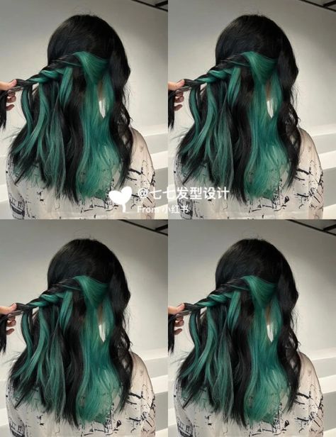 Black Hair Color Pale Skin, Blue Hair With Green Tips, Green Hair Highlights Brunettes, Muichiro Hair Color, Pikaboo Hair Color, Hair Color Underneath Short Hair, Green Underdye Hair, Pikaboo Hair, Underhair Dye