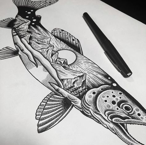 Fish Mountain Tattoo, Mountain Fishing Tattoo, Fishing Tattoo Stencil, Fishing Tattoos Men, Fish Tattoo Design For Men, Kim Saigh, Trout Tattoo, Fishing Tattoos, Fly Fishing Tattoo