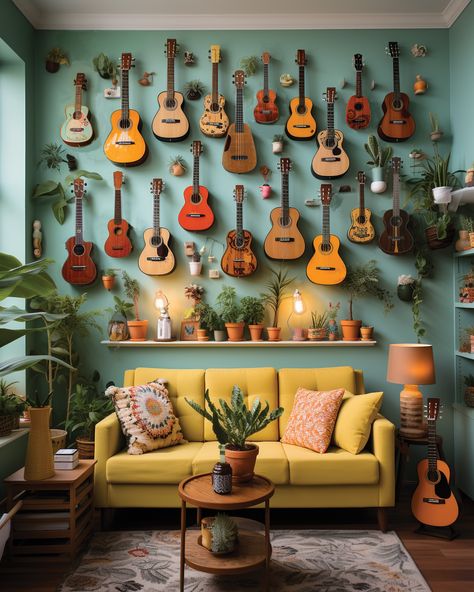 Charming living room with lots of ukuleles and guitars Ukulele Display Ideas, Ukulele On Wall Decor, Musician Room Aesthetic, Ukulele Display, Ukulele Decoration, Musician Room, Florida Room, Awesome Sauce, Interior Designing