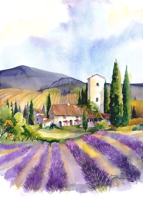 Italy Painting, Cat Air, 수채화 그림, Watercolor Landscape Paintings, Beginner Painting, Lavender Fields, Watercolor Inspiration, Water Painting, Watercolor Landscape