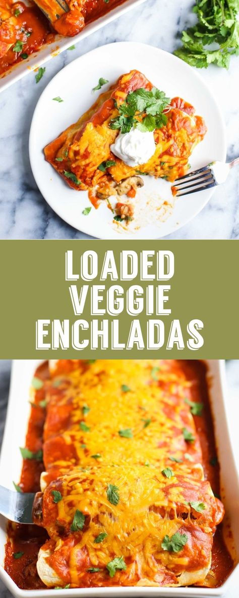 Loaded Veggie Enchiladas- these vegan enchiladas are filled with sauteed veggies and make for a great meat free dinner! #vegandinner #enchiladas #meatlessmonday Chicken Enchiladas Easy Red Sauce, Red Sauce Chicken Enchiladas, Red Sauce Chicken, Sauteed Chicken Recipes, Easy Red Sauce, Vegetarian Enchiladas Recipe, Enchiladas Easy, Vegetable Enchiladas, Veggie Enchiladas