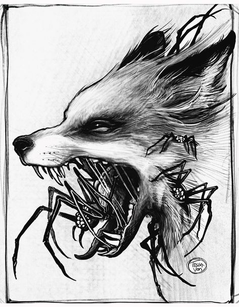 Evil Fox Art, Dark Fox Art, Creepy Animal Drawings, Fox Tattoo Design, Creepy Animals, Fox Drawing, Creepy Drawings, Creepy Monster, Creepy Tattoos