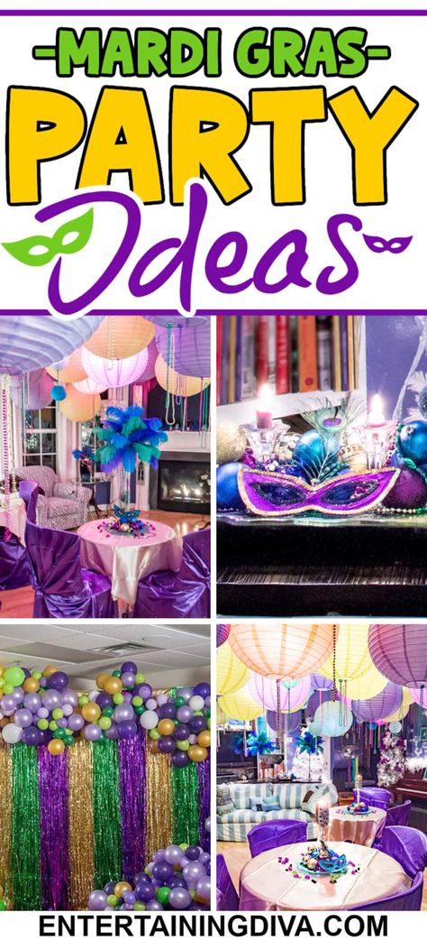 Mardi Gras Party Ideas | Party Backdrops and Room Decor Mardi Gras Party Ideas, Party Decorating Ideas, Mardi Gras Cake, Mardi Gras Party Decorations, Centerpieces Table, Mardi Gras Centerpieces, Mardi Gras Food, Feather Centerpieces, Graduation Party Themes