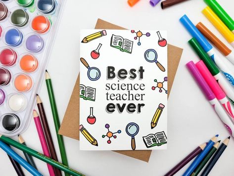 "Spread some appreciation to a special Science Teacher with this fun and colorful, high quality greeting card! - Card measures 4x5.5 inches - Printed on high-quality white cardstock - Brown Envelope Included - BLANK inside, ready to personalize OR - Select the \"Custom Message\" option at checkout to have your own, personalized words printed inside! Then include the message you would like printed in the \"notes\" section at checkout. Cards are packaged to ensure no rips, wrinkles, or damage. Che Science Teacher Thank You Cards, Cards For Art Teacher, Science Cards Thank You, Birthday Cards For Science Teachers, Teachers Day Card Science Teacher, Greeting Card For Science Teacher, Gift For Science Teacher, Teachers Day Easy Card Ideas, Birthday Card For Science Teacher