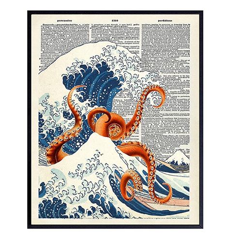 Decoration For Office, Octopus Art Print, Octopus Wall Art, Unique Wall Art Decor, Bathroom Gifts, Upcycled Home, Octopus Art, Dictionary Art, Unframed Wall Art