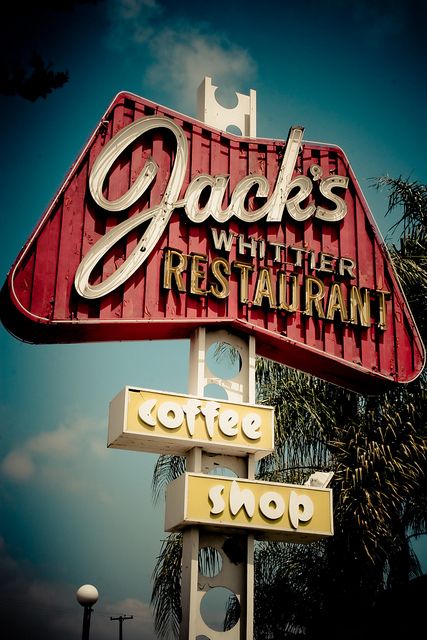 Jack's Whittier Restaurant by TooMuchFire, via Flickr Whittier California, Diner Sign, Googie Architecture, Pico Rivera, San Gabriel Valley, Vintage Neon Signs, San Diego Houses, Vintage Los Angeles, Retro Sign