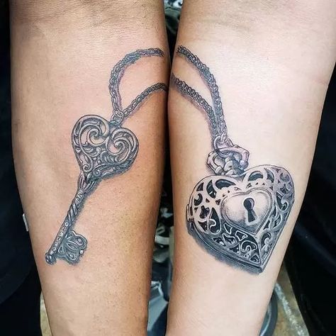 100+ Interlocking Tattoos That Are Actually Good Fiori Frangipani, Locket Tattoos, Him And Her Tattoos, Steampunk Tattoo, Best Couple Tattoos, Catrina Tattoo, Key And Lock, Key Tattoos, Couple Tattoos Unique