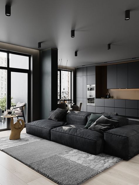 ПЕРЕЙТИ Monochrome Living Room, Dark Interior Design, Dark Living Rooms, Loft Interior, Black Interior Design, Interior Design Per La Casa, Loft Interiors, Space Interiors, Dark Interiors