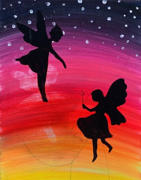 Fairy Glow Fairies Painting Acrylic, Fairy Abstract Painting, Fairy Tale Painting Ideas, Fairy Painting Acrylic Easy, Fairy Garden Painting Canvas, Easy Fairy Painting, Fairy Canvas Painting, Paint Night For Kids, Fairy Painting Ideas