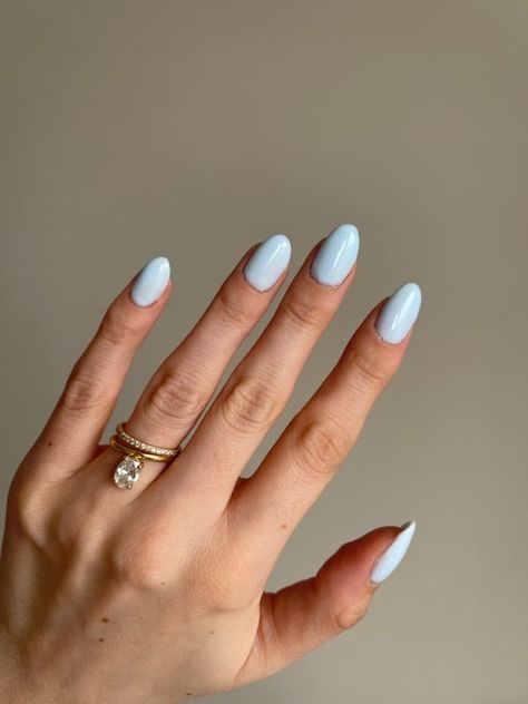 Nails 2023 Trends Light Blue, Blueberry Milk Pedicure, Powder Blue Dip Nails, Light Blue Milky Nails, Blueberry Milk Manicure, Cloud Blue Nails, Light Blue Engagement Nails, Pale Blue Gel Nails, Blueberry Blue Nails