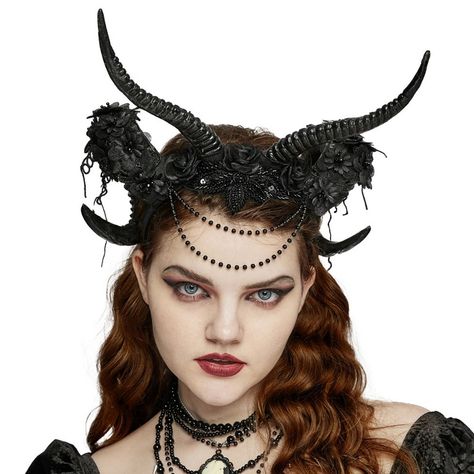 Punk Rave hairband with double horns, flowers and pearl necklace | BO Woman With Horns, Antler Headdress, Hair Horns, Black Dress Gothic, Horn Headdress, Grunge Dresses, Dark Demon, Hair Horn, Black Horns