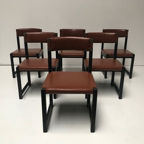 For sale: Set of 6 brutalist oak dining chairs by Emiel Veranneman for De Coene, Belgium 1970s | #vntg #vintage Oak Dining Chairs, Reupholster, Dining Chair Set, Market Design, Chair Set, Vintage Design, Belgium, 1970s, Dining Chairs