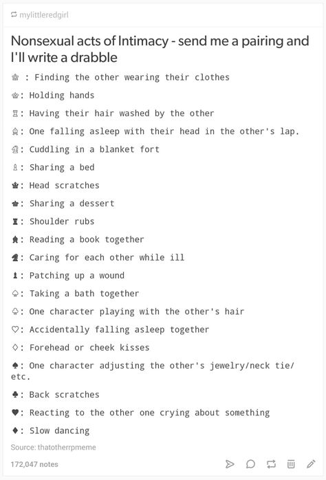 Nonsexual acts of intimacy fic challenge Fluffy Romance Writing Prompts, Writing Romance Subplot, Different Types Of Affection, Diagloue Prompts, What Does Romance Look Like, Fantasy Creatures Humanoid List, Romance Writing Challenge, Soft Romance Writing Prompts, Writing Prompts Funny Romance