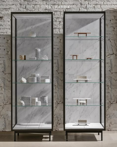 Salvatori on Instagram: “Introducing the Techa glass cabinet or, to use the more creative-sounding Italian word, vetrinetta. Glass and a background in textured…” Display Cabinet Design, Word Decor, Jewelry Store Design, John Pawson, Glass Cabinets Display, Estantes Flotantes, Display Cases, Glass Display, Glass Cabinet