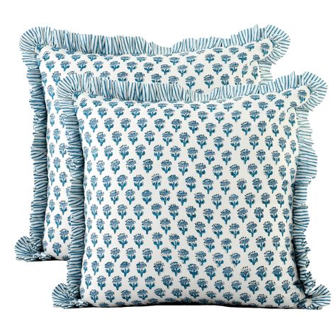 PRICES MAY VARY. 100% Cotton PACKAGE INCLUDES: Set of 2 patterned 20x20 Inch ruffle farmhouse pillows that have a modern look with vintage patterns. This statement soft accent pillows has a unique striped ruffle boho design that makes a perfect decoration for bedroom, living room, farmhouse, car, outdoor or indoor and almost all spaces. UNIQUE DESIGNS: These cushion cover designs are made with 14 inch enclosed hidden zipper for shape maintainence and enhanced look. These are unique and one of a Pillows For Living Room, Ruffle Pillow, Block Printed Pillows, Green Throw, Green Throw Pillows, Decorative Pillows Couch, Hamptons Style, Farmhouse Pillows, Blue Throw Pillows