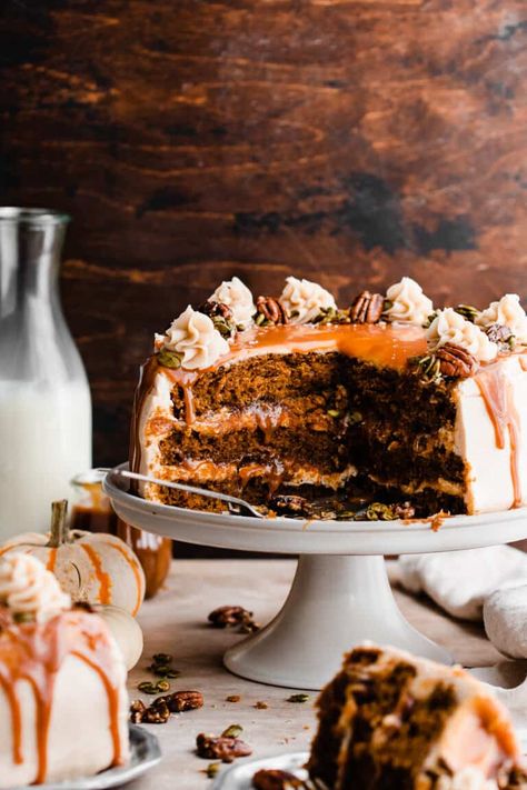 Caramel Spice Cake, Pumpkin Layer Cake, Maple Frosting, Cinnamon Cream Cheese, Cinnamon Pecans, Cake With Cream Cheese Frosting, Leftover Cake, Salted Caramel Sauce, Spiced Pumpkin