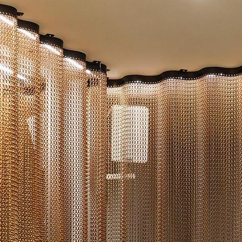 Metal Fabric - Undulating Space Dividers from Kriskadecor Metallic Curtains, Fabric Divider, Fabric Partition, Metalic Fabric, Back Bar Design, Fabric Interior Design, Metal Divider, Space Divider, Metal Room Divider