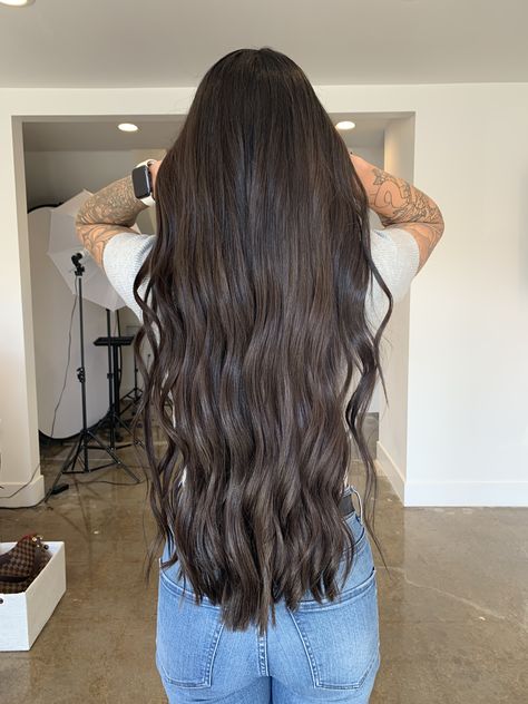 Long dark brown hair, wavy curls Long Thick Hair Vision Board, Long Thick Dark Brown Hair, Waist Length Dark Brown Hair, Wavy Curls Long Hair, Long Dark Brown Hair Aesthetic, Long Dark Brown Wavy Hair, Long Hair Wavy Curls, Long Thick Brown Hair, Long Brown Hair Styles