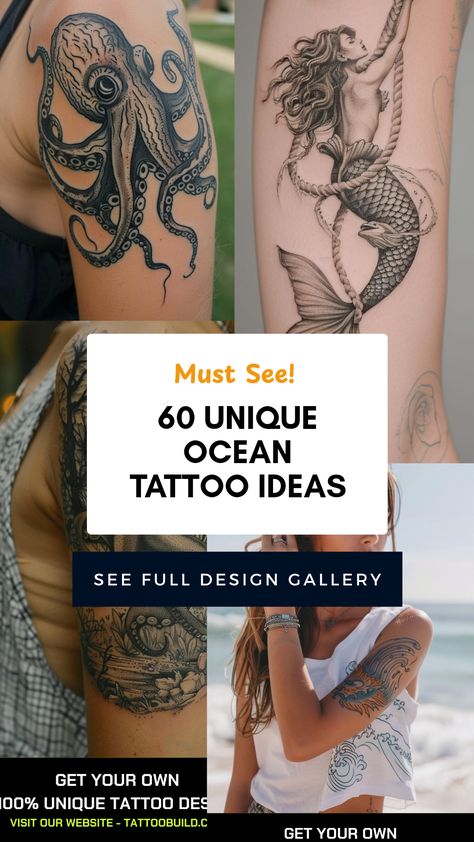 Discover 60 unique ocean tattoo ideas with stunning designs featuring mermaids and octopuses. This pin showcases water-themed tattoo inspiration using 4 images to help you choose your next masterpiece. Ocean And Beach Tattoos, Aquatic Sleeve Tattoo, Spine Tattoo Ocean Theme, Mermaid Tattoo Men, Jellyfish Shoulder Tattoo, Turtle Leg Tattoo, Undersea Tattoo, Beach Theme Tattoos Women, Nautical Tattoo Sleeve For Women