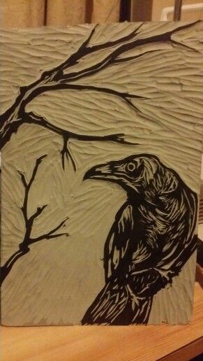 My first raven linocut ready to print. Linocut by Lorralei Burton Raven Linocut, Lino Art, Stamp Making, Linocut, Craft Projects, Stamp, Art