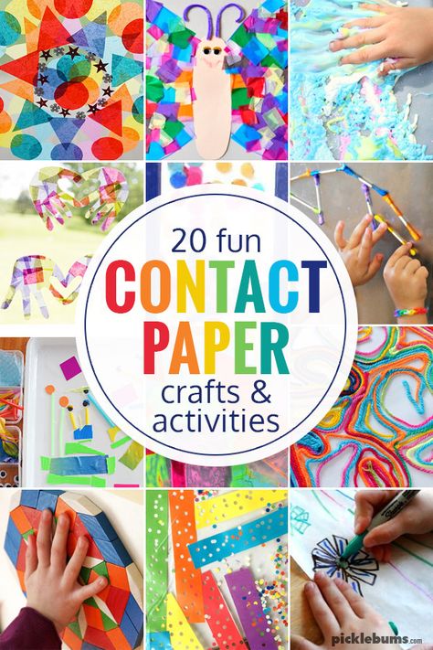 20 Fun Contact Paper Crafts and Activities Sticky Paper Activities, Contact Paper Preschool Activities, Contact Paper Preschool Crafts, Contact Paper Projects, Contact Paper Art For Toddlers, Crafts With Contact Paper, Clear Contact Paper Crafts, Contact Paper Crafts For Kids, Butcher Paper Activities Preschool