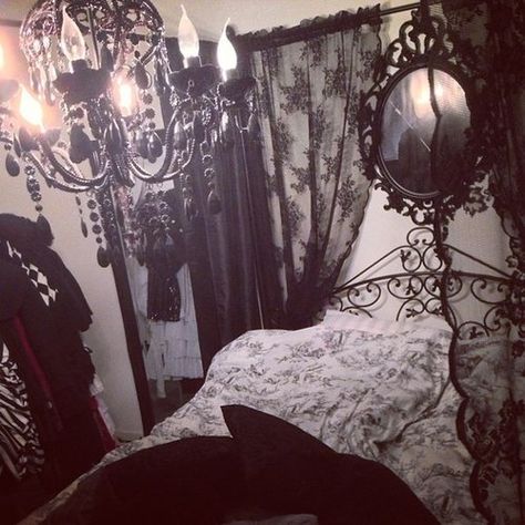 This is more or less my dream bedroom. Just add a few touches of pink and I'm a happy camper. :-D Gothic Style Bedroom, Styl Goth, Goth Bedroom, Gothic Room, Gothic Interior, Good Night Sleep Tight, Gothic Bedroom, Gothic Chic, Gothic Furniture