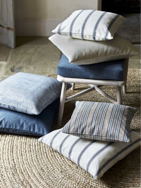 Sofa Cushions | Navy Cushions | Blue Cushions | Striped Cushions Healing Furniture, Small Coastal Living Room, Coastal Cushions, Coastal Luxe, Nordic House, Nordic Furniture, Scandi Decor, Coastal Living Rooms, Soft Furnishings Cushions