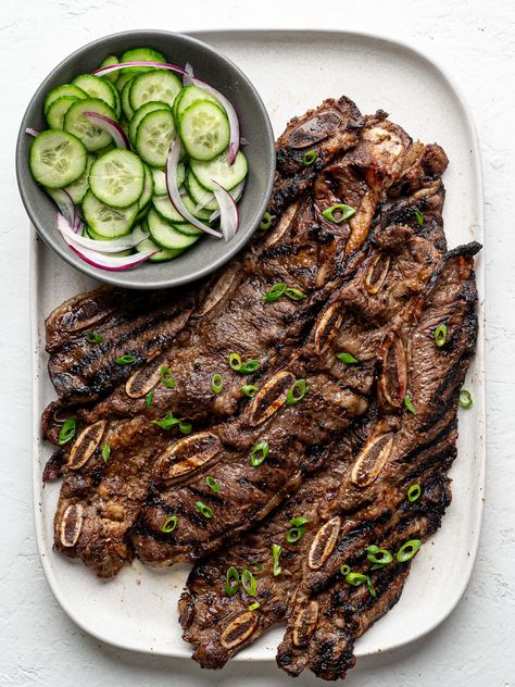 Grilled Korean-Style Short Ribs (Galbi) - Sandra Valvassori Kalbi Short Ribs, Korean Short Ribs, Korean Short, Short Ribs Recipe, Korean Recipes, Dinner Meal Prep, Ribs On Grill, Grilled Beef, Beef Short Ribs