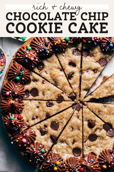 This is the ultimate chocolate chip cookie cake recipe! It makes one giant soft, rich, and dense cookie cake that's perfect for any celebration. Top with your favorite icing and sprinkles and dig in! #cookiecake #chocolatechipcookiecake #chocolatechipcookie #butternutbakery | butternutbakeryblog.com Cookie Cake Recipe Chocolate Chip, Best Cookie Cake, Best Chocolate Chip Cookie Cake Recipe, Homemade Chocolate Chip Cookie Cake, Mrs Fields Cookie Cake, Chocolate Chip Cookie Flavored Cake, 8 Inch Cookie Cake, Cookie Cake Icing, Large Chocolate Chip Cookie Cake