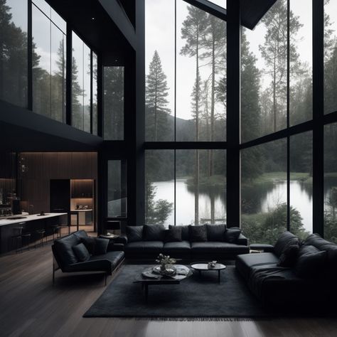 Dark luxury house on a lake Dark Astethic House, Dark Luxury House Exterior, Dark Coastal House, Dark Theme House, All Black Exterior House, Luxury Dark House, Dark Interior Design Luxury, Dark Luxury Living Room, Modern House In Woods