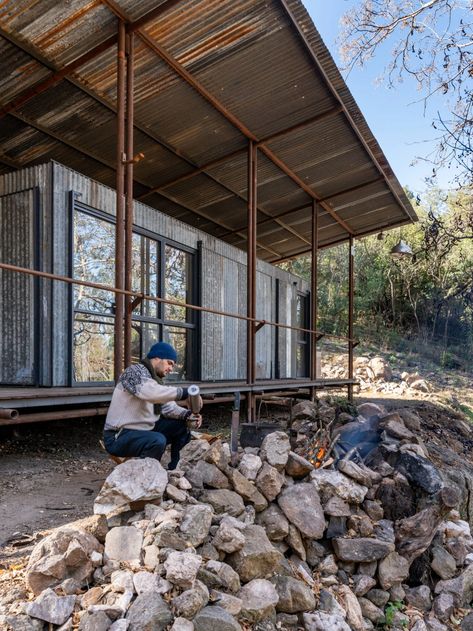 STC Arquitectos builds cabin in Argentinian woods with reclaimed materials Corrugated Metal Roof, Oil Pipe, Exterior Cladding, Corrugated Metal, Site Plan, Metal Roof, Mountain Landscape, Container House, In The Woods