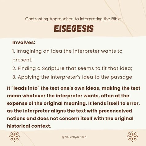 🛑❌ Stop using Bible verses out of context. The Bible is not a tool nor does it promises one's personal gain, success, wealth, health, or other earthly pursuits. Verses has its historical context. Scripture should be interpreted faithfully. . . . . . #biblicallydefined #exegesis #eisegesis #bibleinterpretation #biblicalinterpretation Bible Interpretation, Bible Study Guide, Out Of Context, Study Guides, Study Guide, The Bible, Bible Verse, Bible Study, Verses