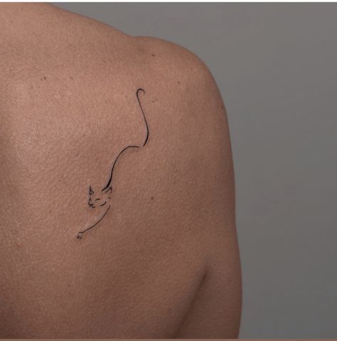 Stretching Cat Tattoo, Cat Pet Tattoo, Fine Tattoos For Women, Fine Line Tattoo Placement, Cat Fine Line Tattoo, Cat Tattoo Minimalist, Cat Line Tattoo, Fine Line Cat Tattoo, Cat Tattoos For Women