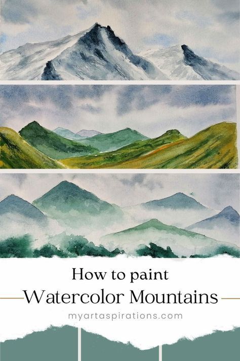 How to paint 3 types of watercolor mountains step by step with tips for beginners. In this article you'll learn how to paint snow mountains, mountains in the distance, foggy mountains all with watercolors. #watercolor mountains Learn To Paint Landscapes, How To Paint Watercolor Mountains, Watercolor Paintings Easy Step By Step, Watercolour Step By Step Easy, How To Watercolor Mountains, Watercolor Painting Tutorials Beginners, Watercolour Painting For Beginners Step By Step, Watercolor Tutorial Landscape, Mountain Watercolor Painting Easy