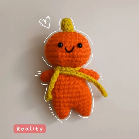 Crochet Expectation vs Reality (179) Decided to make the body orange too because I don't have enough black yarn 😞 Also honestly I couldn't really understand how to do the dents on the head,I did try but since it didn't turn out right, I just scraped the idea 😬 Free Mini Pumpkin Man by @iuli.crochets Pumpkin Man, Expectation Vs Reality, Mini Pumpkins, The Head, The Body, Yarn, Turn Ons, Orange, Crochet