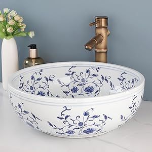 Lonuebu Bathroom Vessel Sink Blue and White Ceramic Vintage Sink with Art Faucet and Pop-up Drain Combo Colorful Vessel Sinks for Bathrooms and Vanity Art Porcelain Bathroom Sink Above Counter 16 Inch Modern Showers, Outside Toilet, Moorish Architecture, New House Bathroom, Bath Redo, Sink Ideas, Ceramic Bathroom, Lux Life, Vintage Room Decor