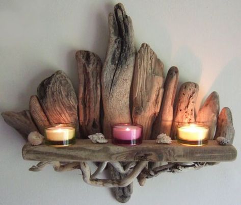 Driftwood Candle Holders Diy, Driftwood Shelf, Driftwood Candle Holders, Driftwood Candle, Candle Shelf, Driftwood Furniture, Driftwood Diy, Driftwood Projects, Driftwood Decor