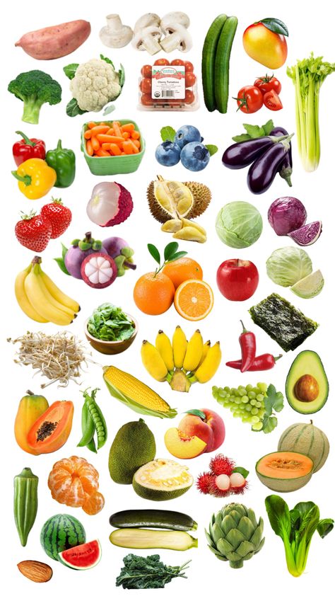 Wanted to do a cross off chart of all my favorite fruits and vegetables + almond for some reason Fruit Collage, A Cross, Fruits And Vegetables, Almond, My Favorite, Fruit, Collage, Art