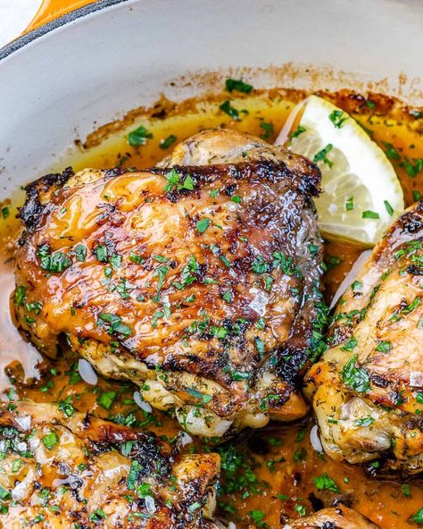 These bone-in chicken thighs are baked in the oven until perfection. This oven-roasted chicken thighs recipe is deliciously served with your favorite veggies, rice, or potatoes. Family-friendly and so easy to make! Whole Chicken Thigh Recipes, Roast Chicken Thighs Oven, Dutch Oven Chicken Thighs, Grilled Italian Chicken, Chicken Receipe, Baked Bone In Chicken, Oven Roasted Chicken Thighs, Juicy Chicken Thighs, Healthy Chicken Thigh Recipes