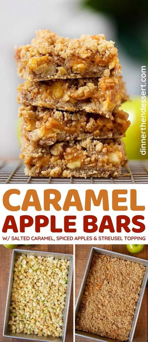 Caramel Apple Bars are an easy fall dessert, nostalgic apple pie flavor in portable bar form! #dessert #dessertbars #applepie #apples #appledessert #baking #falldessert #dinnerthendessert Apple Bar Recipes, Apple Pie Bars Recipe, Caramel Apple Desserts, Streusel Bars, Dessert Apple, Caramel Apple Bars, Caramel Dessert, Caramel Apples Easy, Apple Streusel